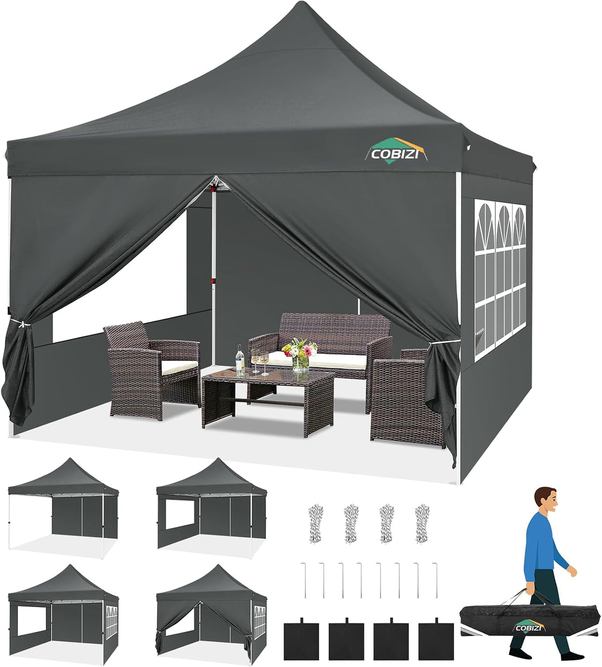 COBIZI 10x10 Pop Up Canopy with 4 Removable Sidewalls, Easy Set Up Canopy Tent, Waterproof Instant Party Tents for Weddings & Parties, UPF 50+ UV Protection, 3-Height Adjustable Frame,Grey