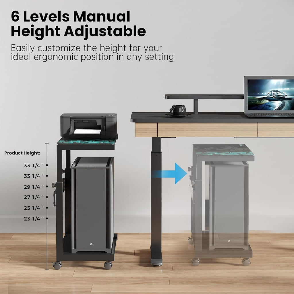 EUREKA ERGONOMIC PC Stand Computer Cart Frosted Glass, Height Adjustable Tower Stand 2-Tier Suit for ATX Case Printer, Metal Rolling Cart on Wheels for Gaming Home Office, Black