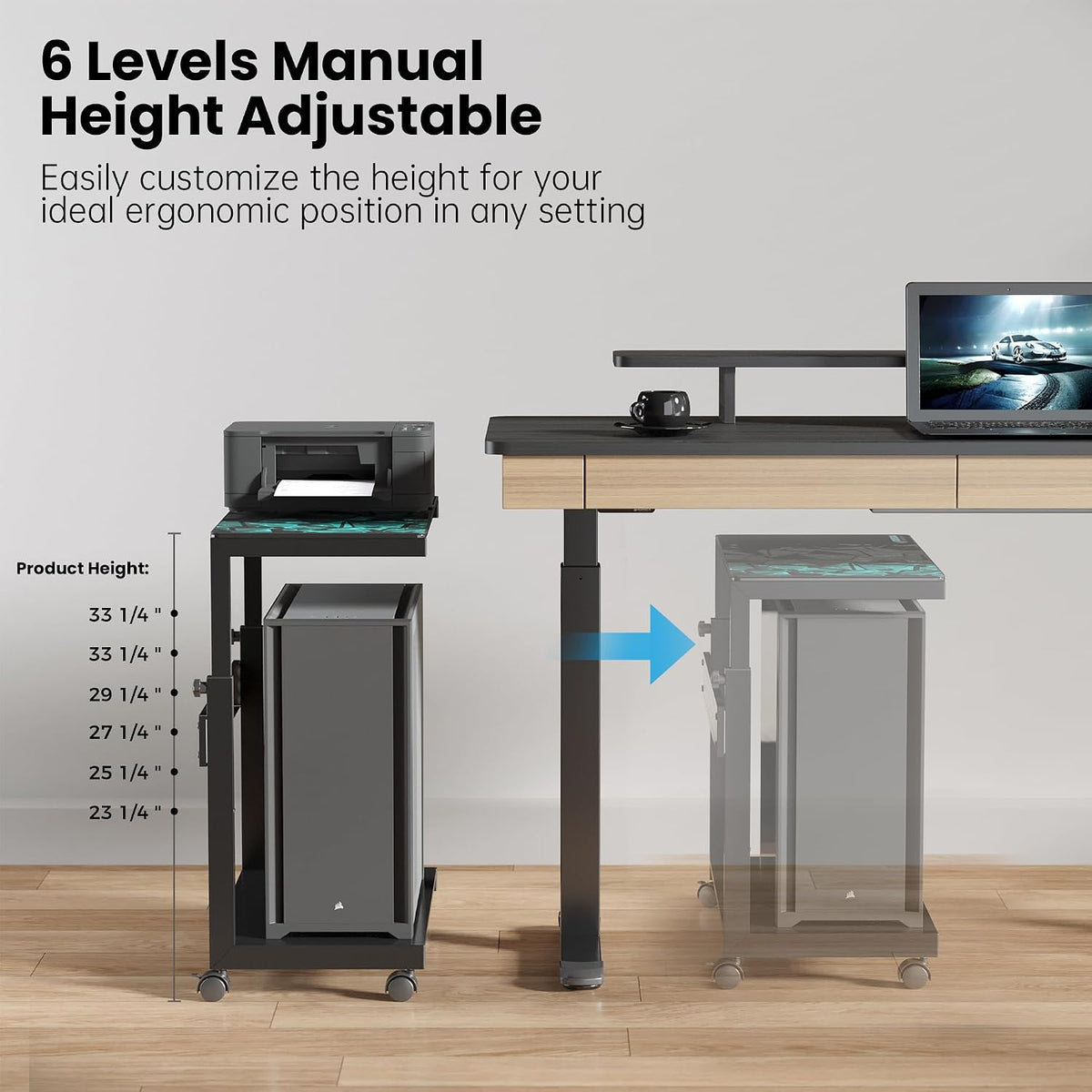 EUREKA ERGONOMIC PC Stand Computer Cart Frosted Glass, Height Adjustable Tower Stand 2-Tier Suit for ATX Case Printer, Metal Rolling Cart on Wheels for Gaming Home Office, Black