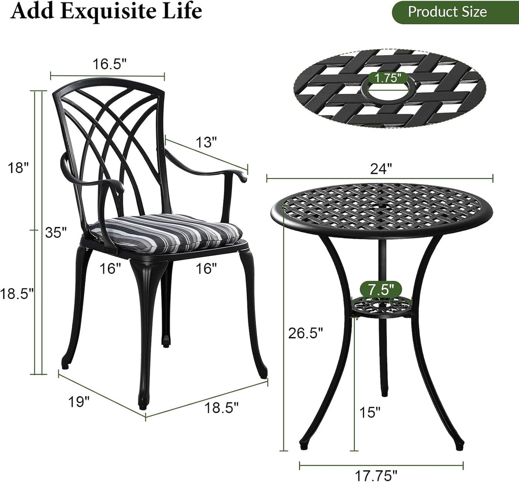 Outdoor Bistro Set 3 Piece Outdoor Bistro Table and Chairs Set Table with Umbrella Hole, Cushions, Cast Aluminum Patio Furniture for Porch, Backyard, Garden, Black