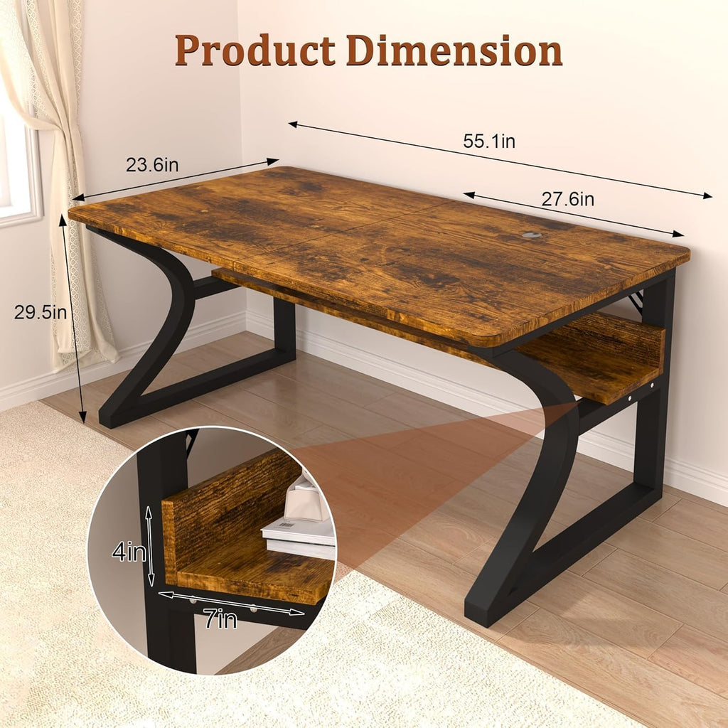55 inch Computer Desk, Home Office Desk with Storage Shelf, Sturdy U-Shaped Metal Frame Study Table with Cable Management, Gaming Desk for Office & Bedroom, Rustic Brown