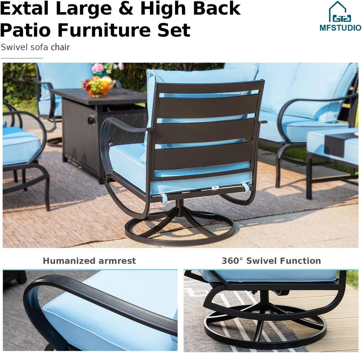MFSTUDIO Patio Furniture Sets with 45' Gas Fire Pit Table, 8 Pieces Outdoor Metal Conversation Sets with 1 x 3-Seat Sofa, 2 Single Chairs, 2 Swivel Chairs and 2 Ottomans, Blue Cushion