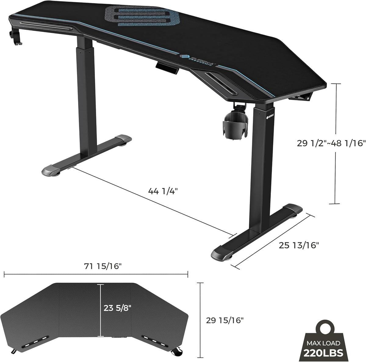 EUREKA ERGONOMIC Gaming Standing Desk w Dual Motor,72' Wing Shaped Music Studio Desk Electric Adjustable Height Table Recording Live Stream, Slot Design,Black