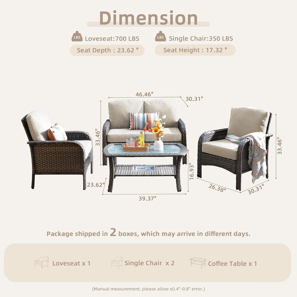 CAODOC 4-Piece Wicker Patio Furniture Set, All-Weather Rattan Conversation Bistro Loveseat Chair and Table Set for Backyard, Balcony and Deck with Soft Cushions and Metal Table(Tan)