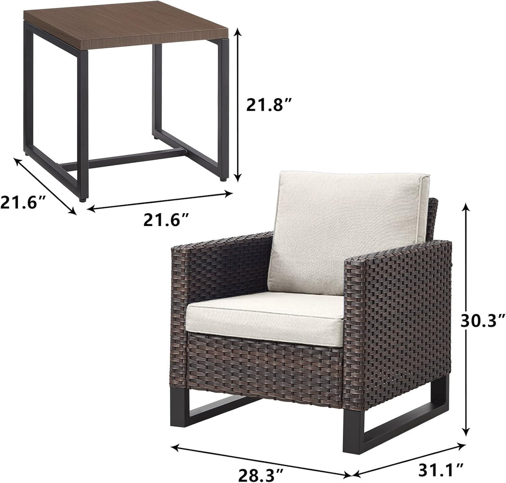 Luxury Wicker Outdoor Patio Chairs Set - 3 Piece Rattan Patio Furniture Bistro Chairs Set with Waterproof Wicker,Comfortable Cushions and Sturdy Metal Frame for Porch Deck Backyard(Brown/Beige)
