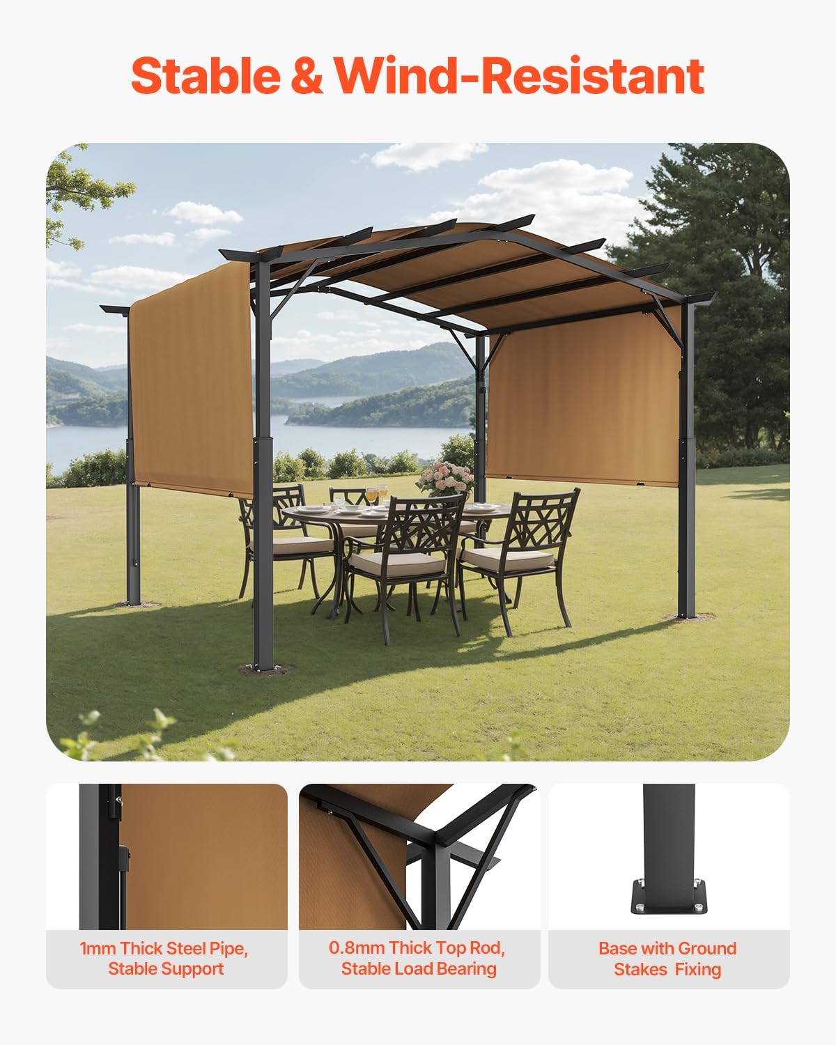 VEVOR 10 x 10 ft Outdoor Pergola, Arched Top Metal Pergola, Retractable Pergola with Sun Shade Canopy, Large Patio Shelter Pavilion, Heavy Duty Garden Pergola for Deck Backyard Porch Poolside