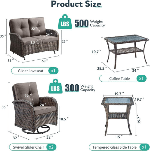 5 Piece Patio Furniture Set - Wicker Patio Conversation Set with Swivel Glider, Glider Loveseat, Tempered Glass Side Table and Coffee Table for Deck Backyard - Brown Wicker Grey Cushion