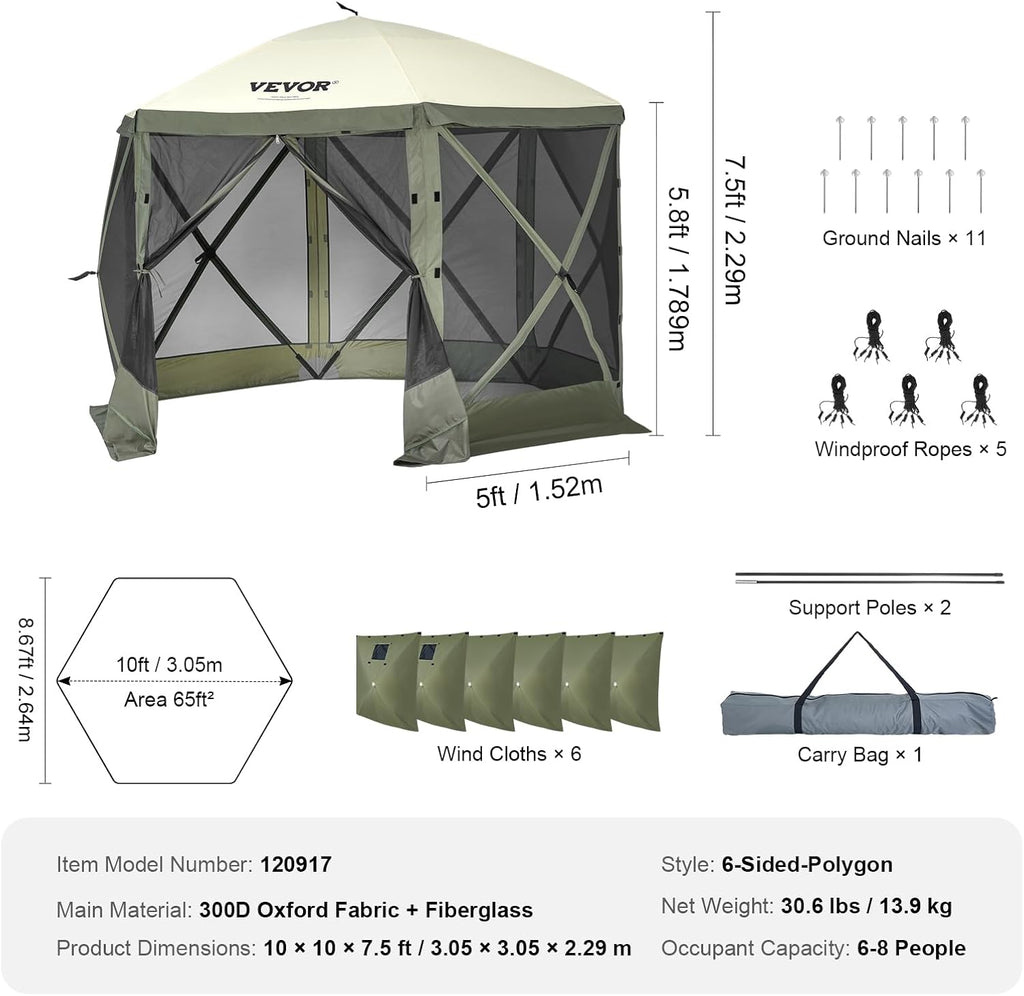 VEVOR 10x10FT Pop Up Gazebo Tent with Mosquito Netting, 6 Removable Wind Panels & Mesh Windows, 6-Sided Screen Canopy for Patio, Army Green