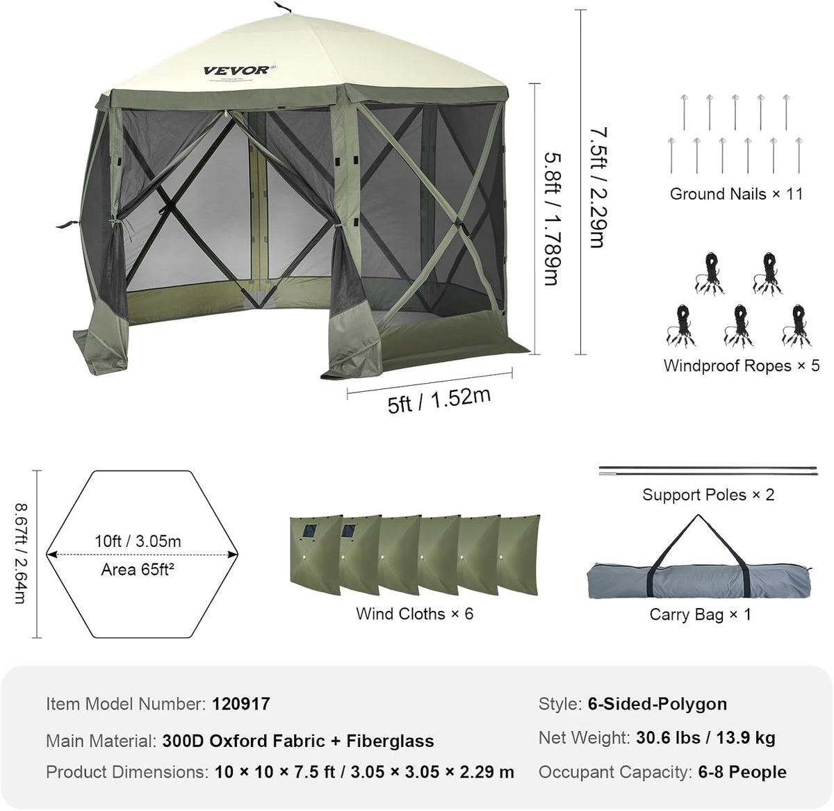VEVOR 10x10FT Pop Up Gazebo Tent with Mosquito Netting, 6 Removable Wind Panels & Mesh Windows, 6-Sided Screen Canopy for Patio, Army Green