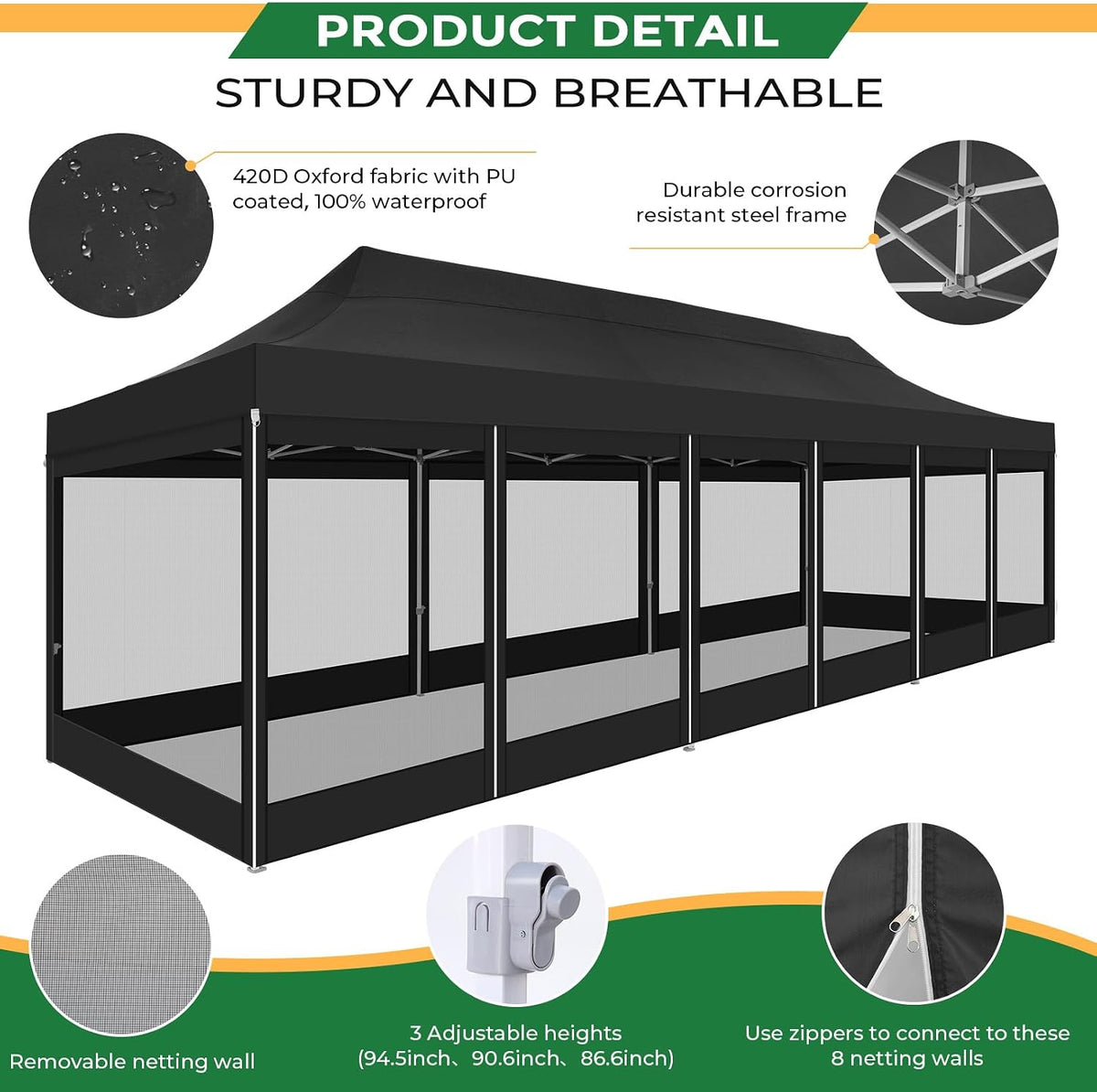 COBIZI 10x30 Heavy Duty Pop Up Canopy Tent with 8 Sidewalls, Easy Set Up Outdoor Waterproof Screen Commercial Party Tent with Mosquito Netting for Parties Backyard Patio, Roller Bag, Black