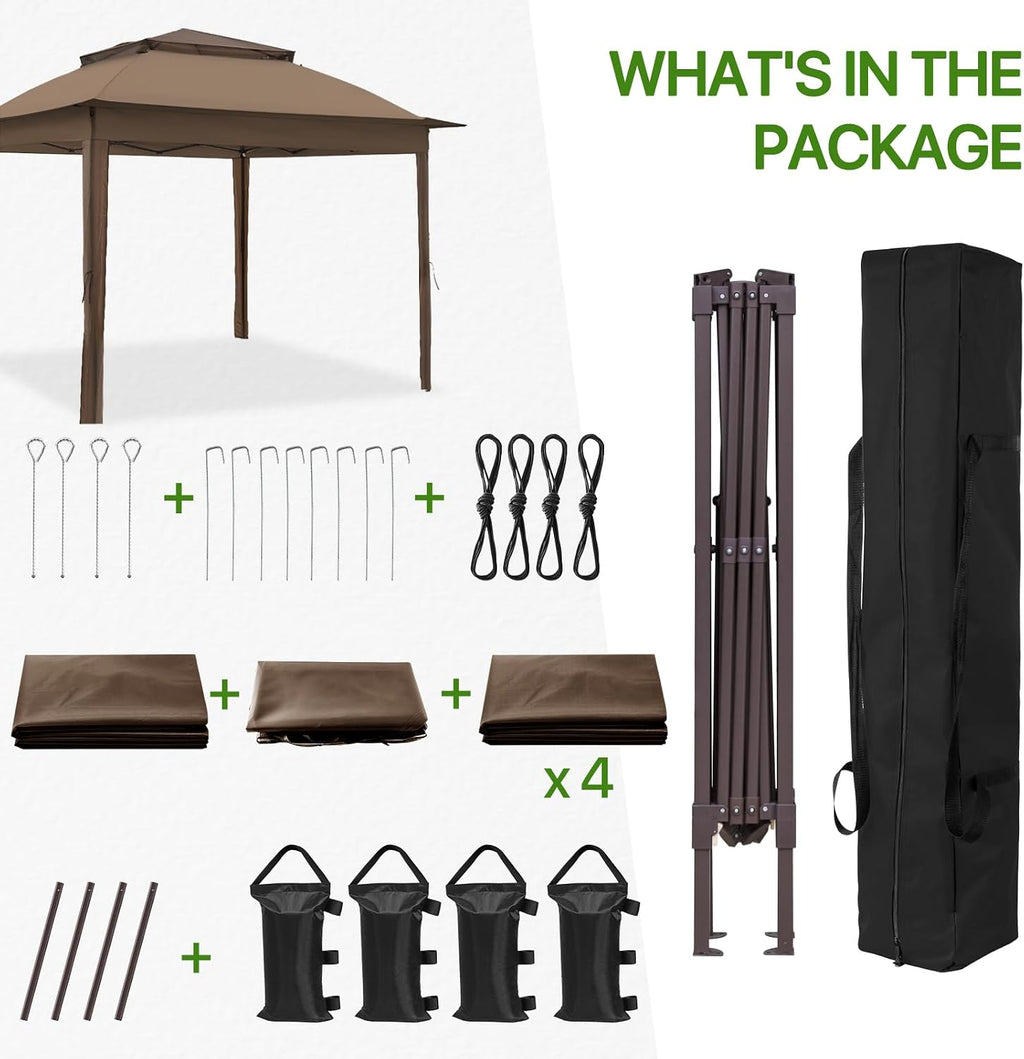 COOS BAY 11x11 Pop Up Gazebo with 4 Sidewalls, Instant Outdoor Canopy Tent with UPF 50+ UV Protection, Water Resistant Shelter with Carry Bag, Stakes & Ropes, Brown