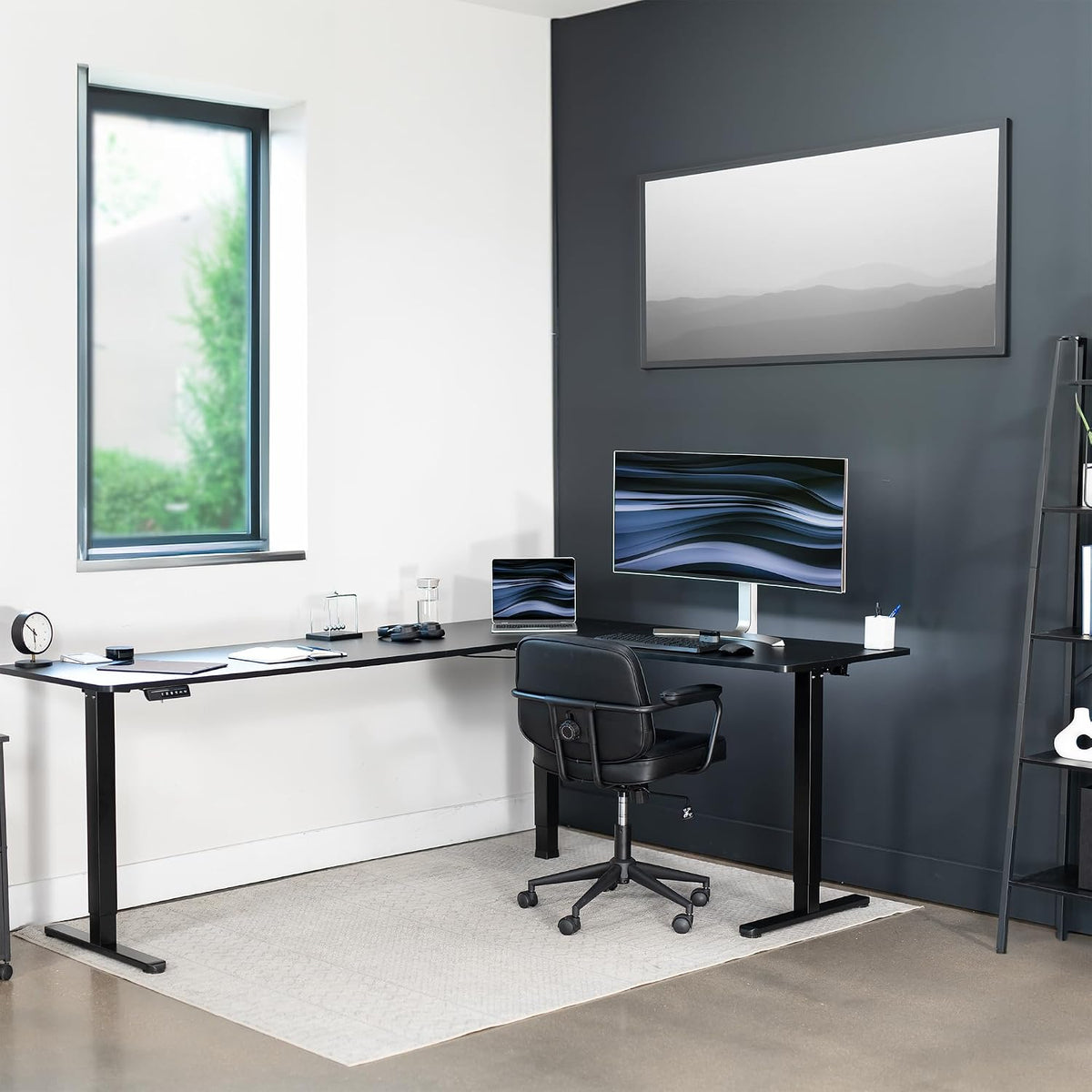 VIVO Corner Standing Desk, 84 x 63 inch Reversible L-Shaped Workstation, Electric Height Adjustment, Home, Office, and Reception Rooms, Black Table Top Black Frame, DESK-E3CTBB-84