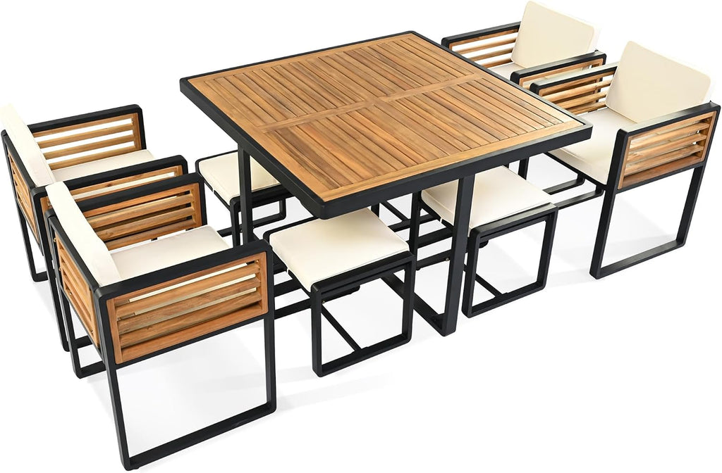 Merax 9 Pieces Outdoor Dining Set for 8 People, Acacia Wood Patio Furniture Sets with 1 Square Table, 4 Cushioned Chairs and 4 Ottomans for Backyard, Garden, Lawn, Poolside, Space Saving Design, Beige