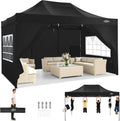 COBIZI 10x15 Heavy Duty Pop Up Canopy Tent with 4 Sidewalls Thicken Frame, Commercial Easy Up Outdoor Wedding Party Tents, All Season Waterproof Windproof with Stakes Sandbags Ropes Bag, Black