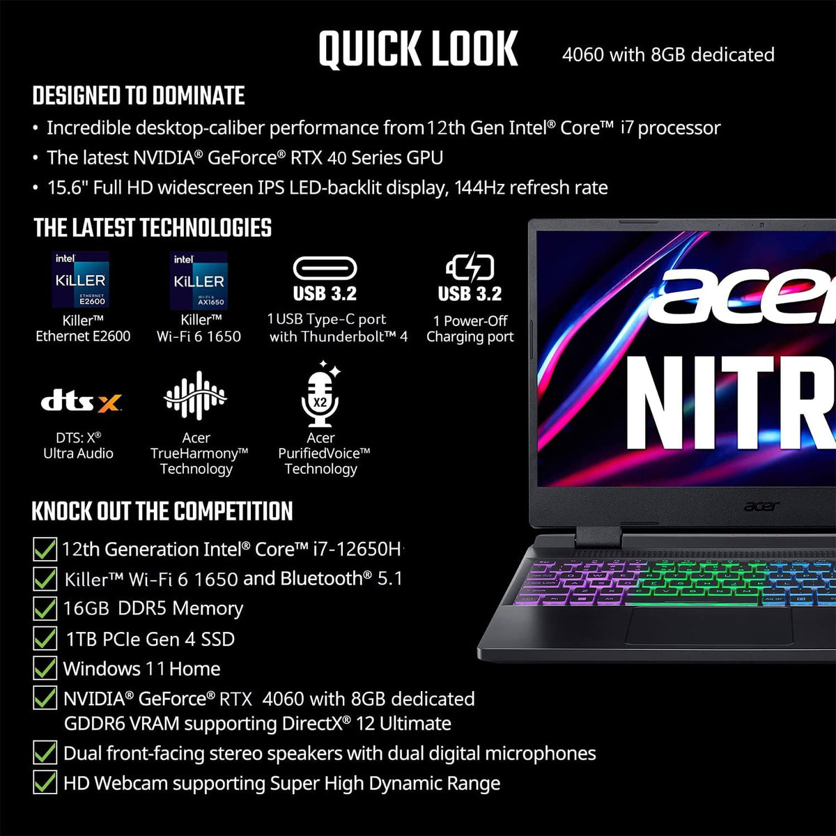 acer Nitro 5 Gaming Laptop | Intel 12th Gen i7-12650H | NVIDIA GeForce RTX 4060 Laptop GPU | 15.6' FHD 144Hz IPS Display | 16GB DDR5 | 1TB Gen 4 SSD | Killer Wi-Fi 6 | RGB Backlit KB | AN515-58-781P