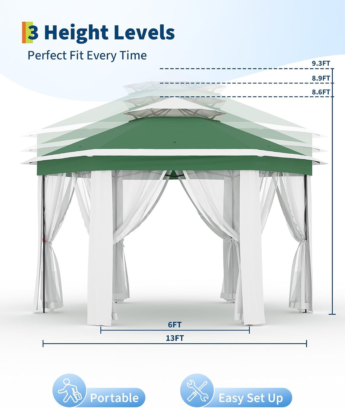 GarveeLife 13'x13' Pop-Up Gazebo, Outdoor Hexagonal Patio Gazebo with Mosquito Netting, Instant Setup Canopy Tent with Strong Steel Frame and Sandbags, for Backyard, Gardens, Patio (Green)