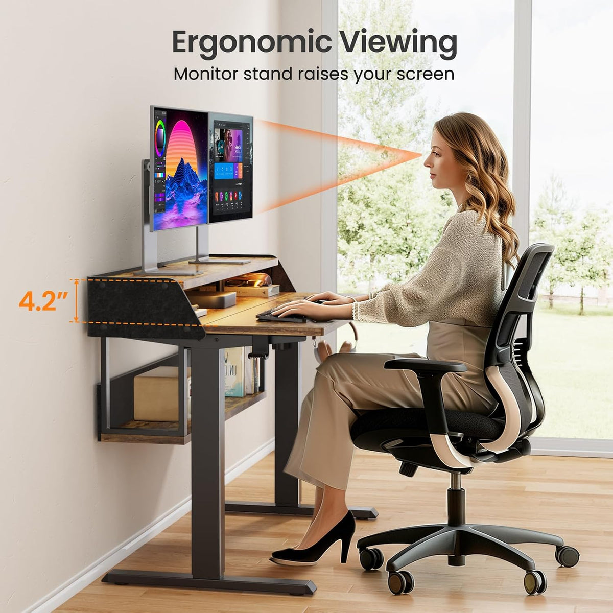 ErGear Electric Standing Desk, 48x24 Inch Adjustable Sit Stand Desk with Bookshelf & Monitor Stand, Standing Gaming Desk with LED Light Strip, Stand Up Desk for Home Office, Vintage Brown