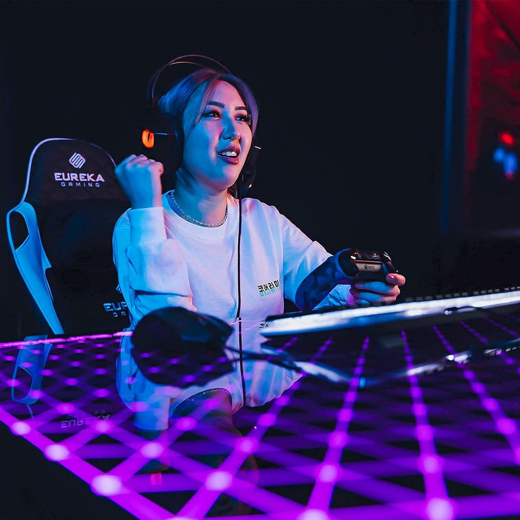 EUREKA ERGONOMIC RGB LED Gaming Desk, Music Sync Lights Up Tempered Glass Desktop, 43' GTG I43 Home Office Computer Table W Controller Rack 4 USB Charging Ports, APP Control