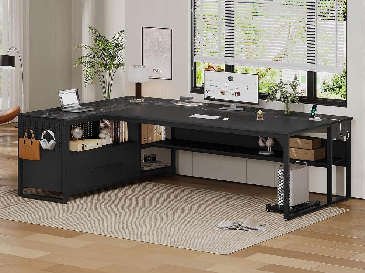 UPOSOJA 71' Executive Desk, Large Office Desk with Widen File Drawers & Power Outlets, Reversible L Shaped Computer Desk Corner Desk with Storage Shelves, CPU Stand, Hooks, Business Furniture (Black)