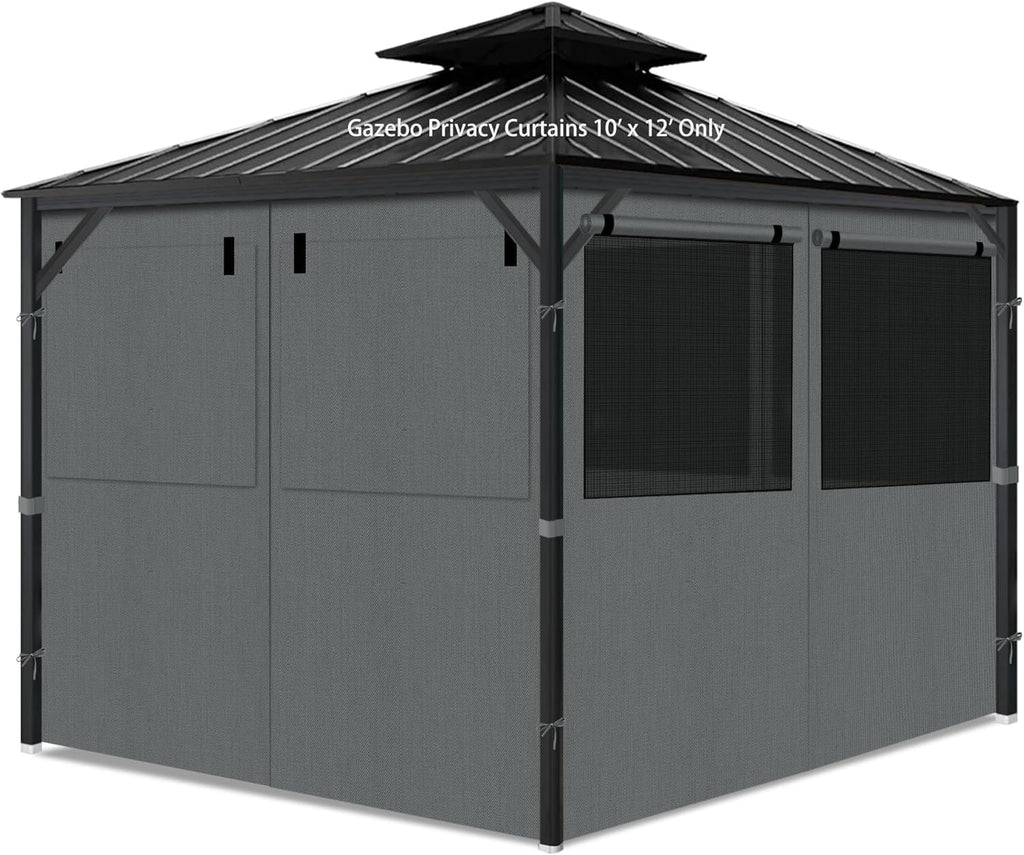 Gazebo Privacy Curtains 10' x 12' with Mosquito Windows, 4-Panels Side Wall with Zipper Universal Replacement for Patio, Outdoor Canopy, Garden and Backyard, Gray (Curtain Only)