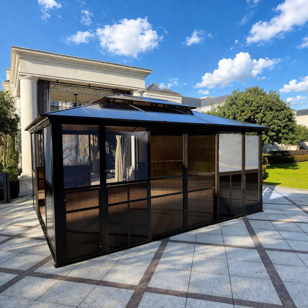 EROMMY 12x16 Sunroom Gazebo, Polycarbonate Roof Outdoor Solarium with Sliding Door & Adjustable Window Panels, Enclosed Patio Sunroom with Mesh Screens, Aluminum Frame Backyard Enclosure
