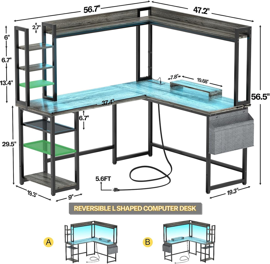 Aheaplus L Shaped Desk with Power Outlet, L Shaped Gaming Desk with Led Light & Hutch, Reversible Home Office Desk, Corner Computer Desk Writing Desk with Monitor Stand & Storage Shelves, Grey Oak