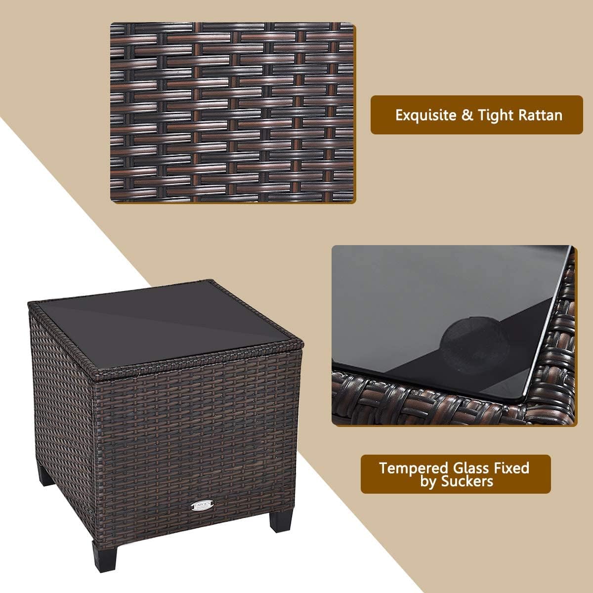 HAPPYGRILL 3 Pieces Patio Conversation Set, Outdoor Furniture Set PE Rattan Sofa Set with Removable Cushions, PE Wicker Chairs with Tempered Glass Side Table for Porch Lawn Garden Balcony Backyard