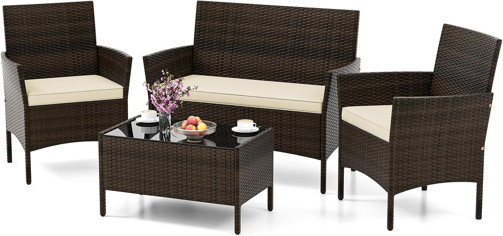 HAPPYGRILL 4 Pieces Outdoor Rattan Conversation Set, Patio Wicker Furniture Set with Loveseat Chairs & Tempered Glass Coffee Table, Outside Sectional Sofa Set for Backyard, Garden & Poolside