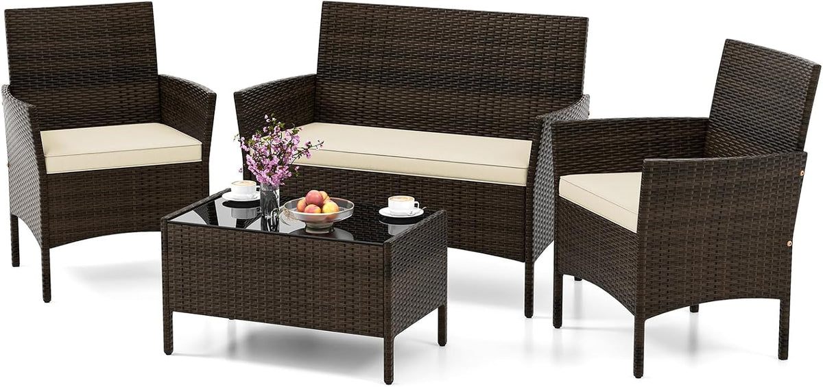 HAPPYGRILL 4 Pieces Outdoor Rattan Conversation Set, Patio Wicker Furniture Set with Loveseat Chairs & Tempered Glass Coffee Table, Outside Sectional Sofa Set for Backyard, Garden & Poolside