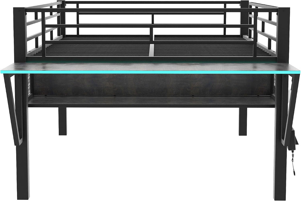 Bellemave Full Loft Bed with Desk, Gaming mid loft Bed with Desk, LED for Adults, Teens, Kids, Black