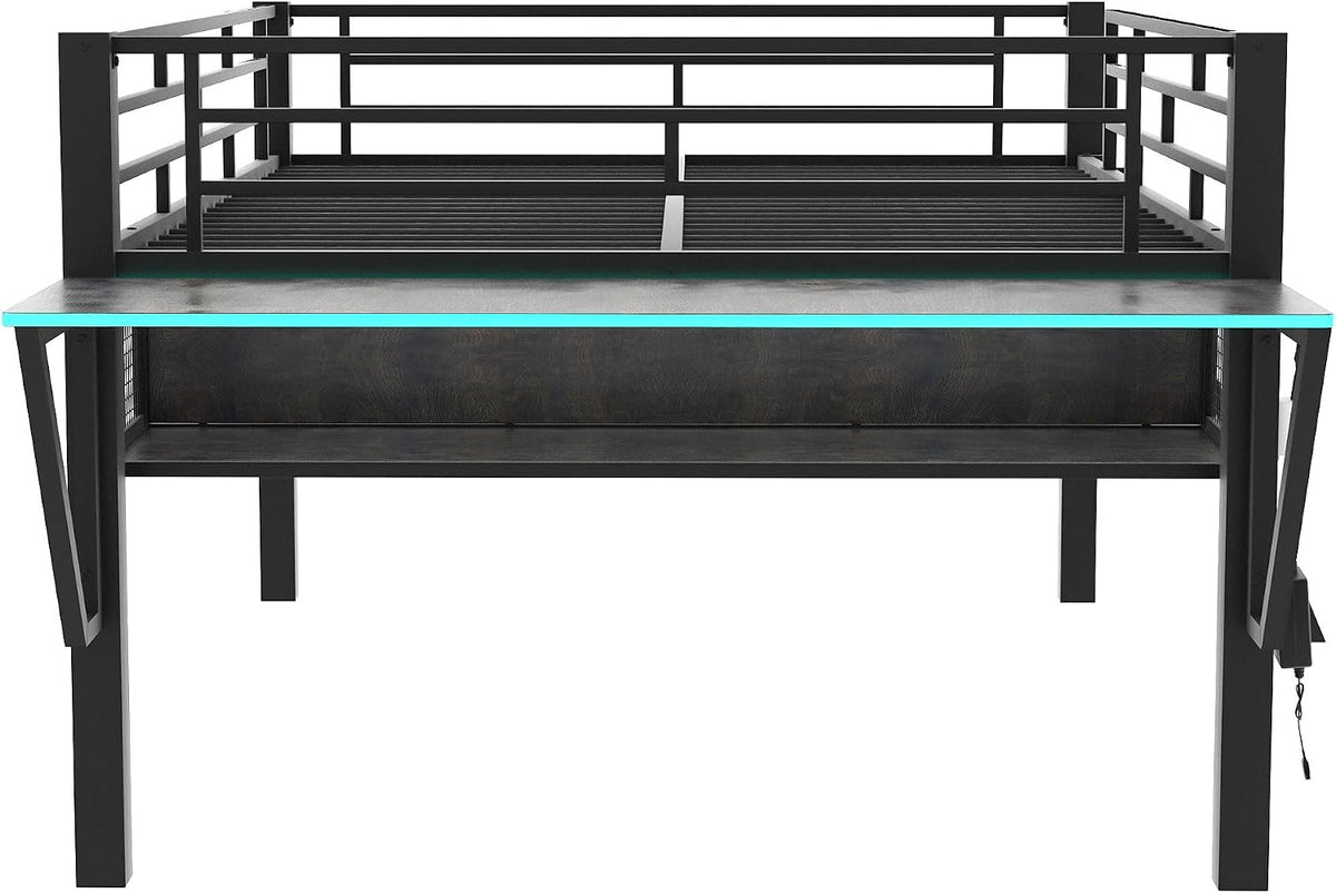 Bellemave Full Loft Bed with Desk, Gaming mid loft Bed with Desk, LED for Adults, Teens, Kids, Black