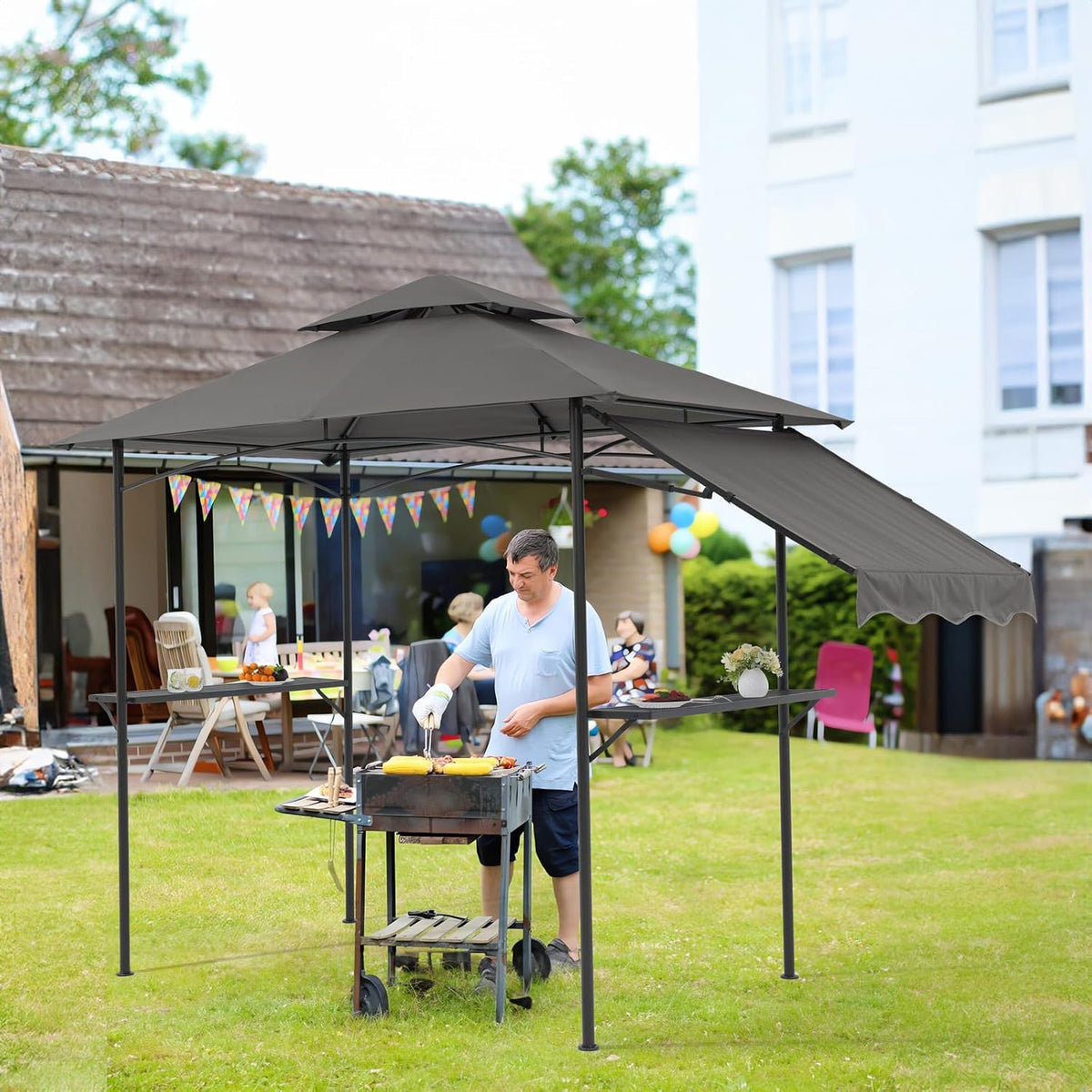 COBANA Grill Gazebo 8'x 5' Outdoor Patio Backyard BBQ Grill Shelter with Side Awning, Double Tiered Soft Canopy Top with Steel Frame and Bar Counters, Gray