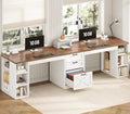SEDETA Farmhouse 96.5' Computer Desk with Drawers, 2 Person Home Office Desk, Gaming Double Desk with Storage Shelves, Long Two Person Writing Desk (White and Brown)