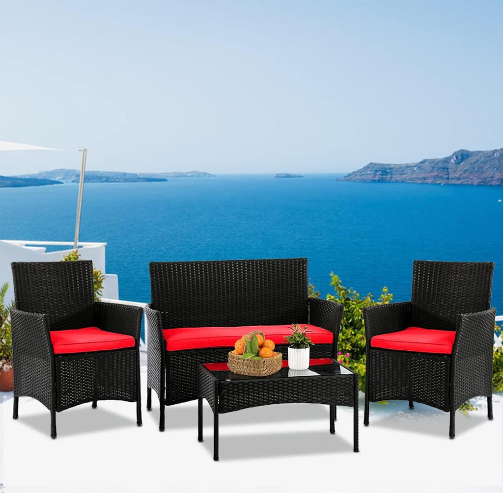 4 Pieces Patio Furniture Set Conversation Chairs, Outdoor Wicker Patio Set with Table Patio Seating Rattan Patio Sofa for Balcony Backyard Front Porch Decor Set with Cushion Seat, Blue