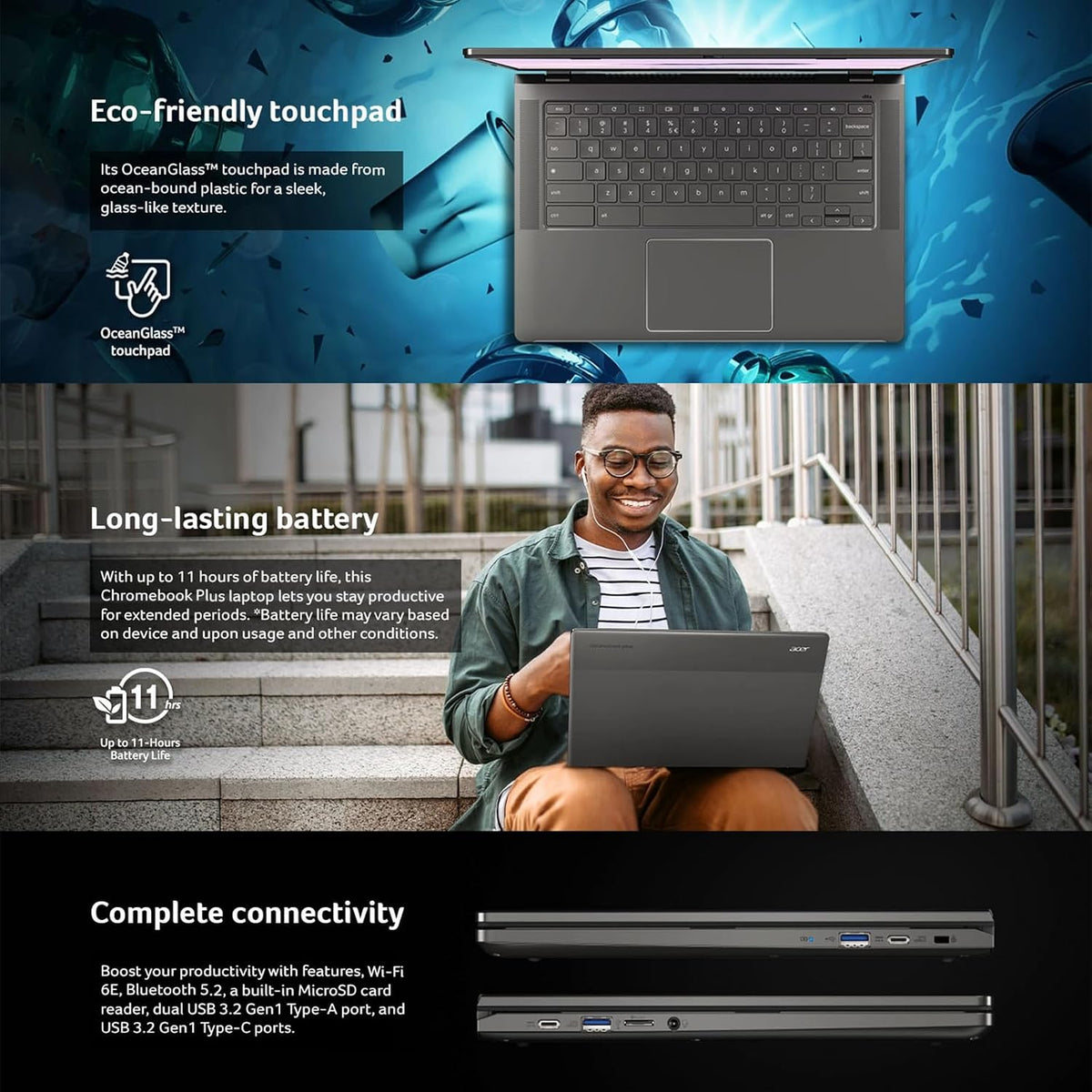 Acer Chromebook Plus 14' FHD Touchscreen Laptop, Intel Core i3-N305 8-Core, Intel UHD Graphics, 8GB LPDDR5 RAM 512GB SSD, WiFi 6E, FHD Camera, Chrome OS, Google AI, Mouse, Protective Sleeve Included