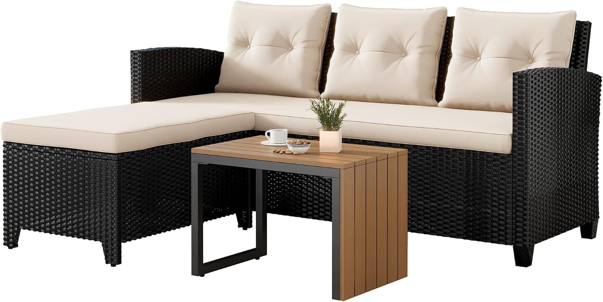 Suntone Outdoor Wicker Patio Furniture Sets, Patio Conversation Set - 3 Piece Patio Sectional Sofa Set, Coffee Table, Black/Beige