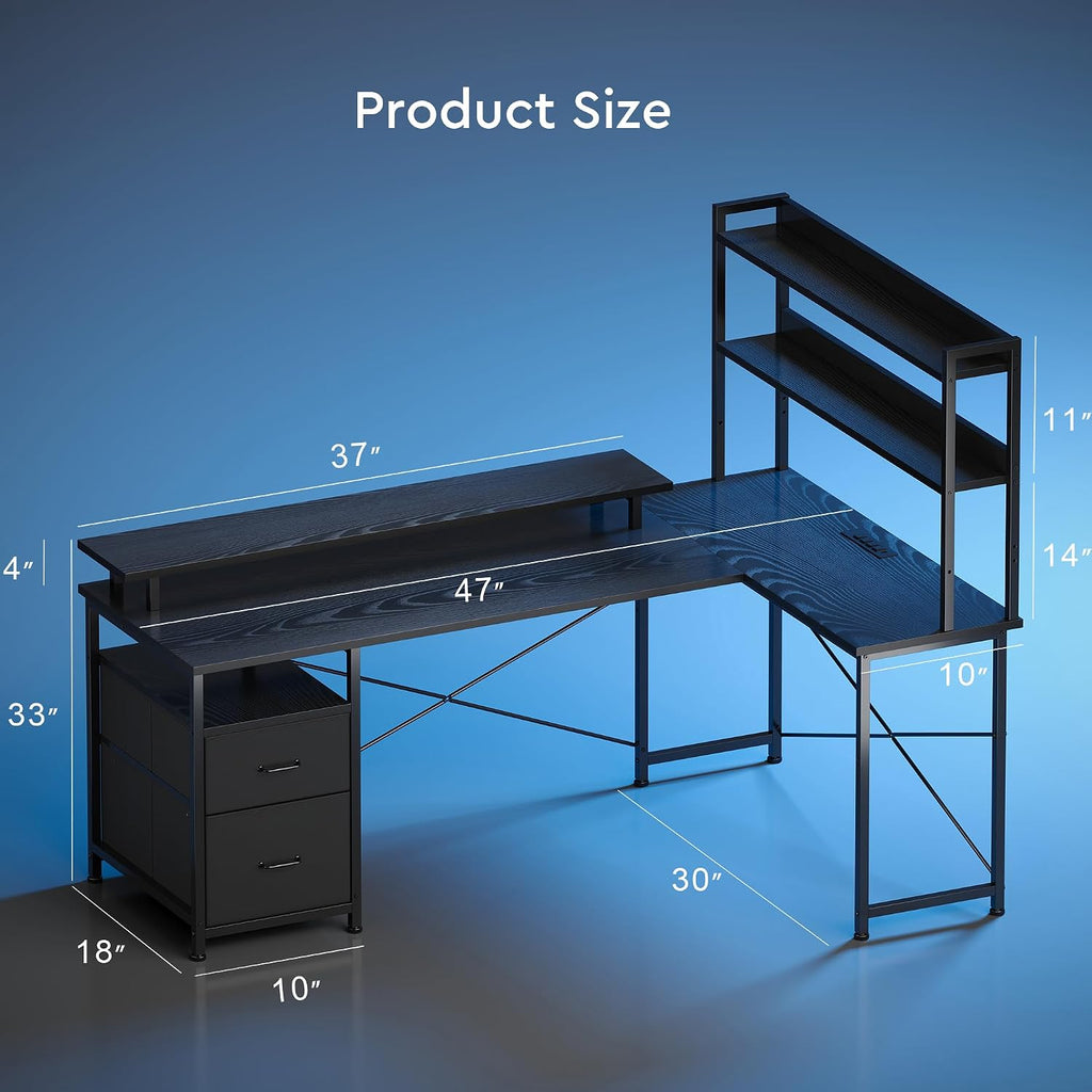 Maihail L Shaped Gaming Desk with Shelves,Reversible Computer Gaming Desk with LED Lights and Charging Station,Home Office Corner Desk with Monitor Stand,Black