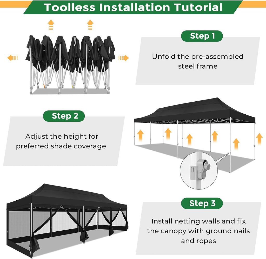 COBIZI 10x30 Heavy Duty Pop Up Canopy Tent with 8 Sidewalls, Easy Set Up Outdoor Waterproof Screen Commercial Party Tent with Mosquito Netting for Parties Backyard Patio, Roller Bag, Black