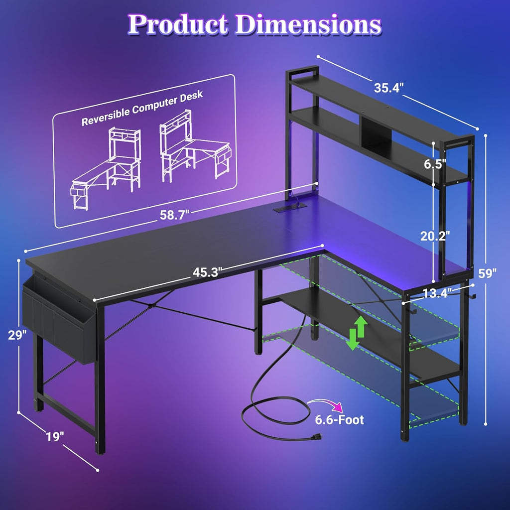 Aheaplus L Shaped Desk Gaming Desk, 59' L Shaped Computer Desk with LED Light & Power Outlet, Reversible Home Office Desk Gamer Desks with Shelves & Storage Bag & Hooks, Corner PC Desk, Black