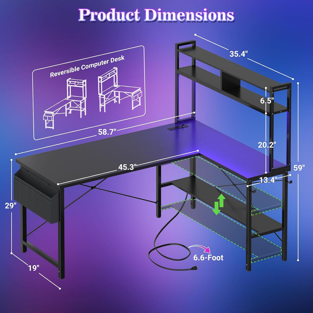 Aheaplus L Shaped Desk Gaming Desk, 59' L Shaped Computer Desk with LED Light & Power Outlet, Reversible Home Office Desk Gamer Desks with Shelves & Storage Bag & Hooks, Corner PC Desk, Black