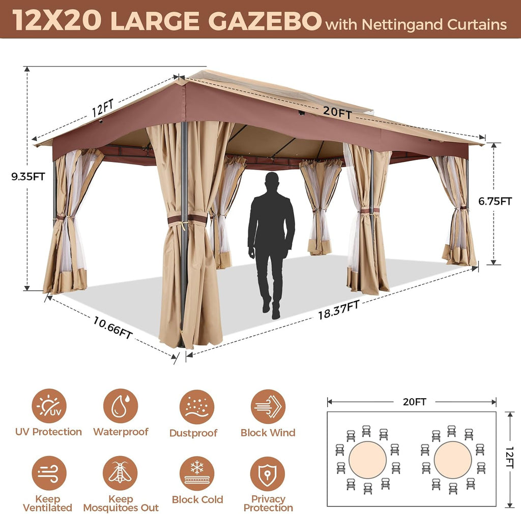COBIZI 12x20 Outdoor Patio Gazebo, Double Roof Soft Top Canopy with Privacy Curtains and Mosquito Netting, Heavy Duty Steel Frame Shade Shelter for Backyard, Garden, Deck, Poolside - Khaki
