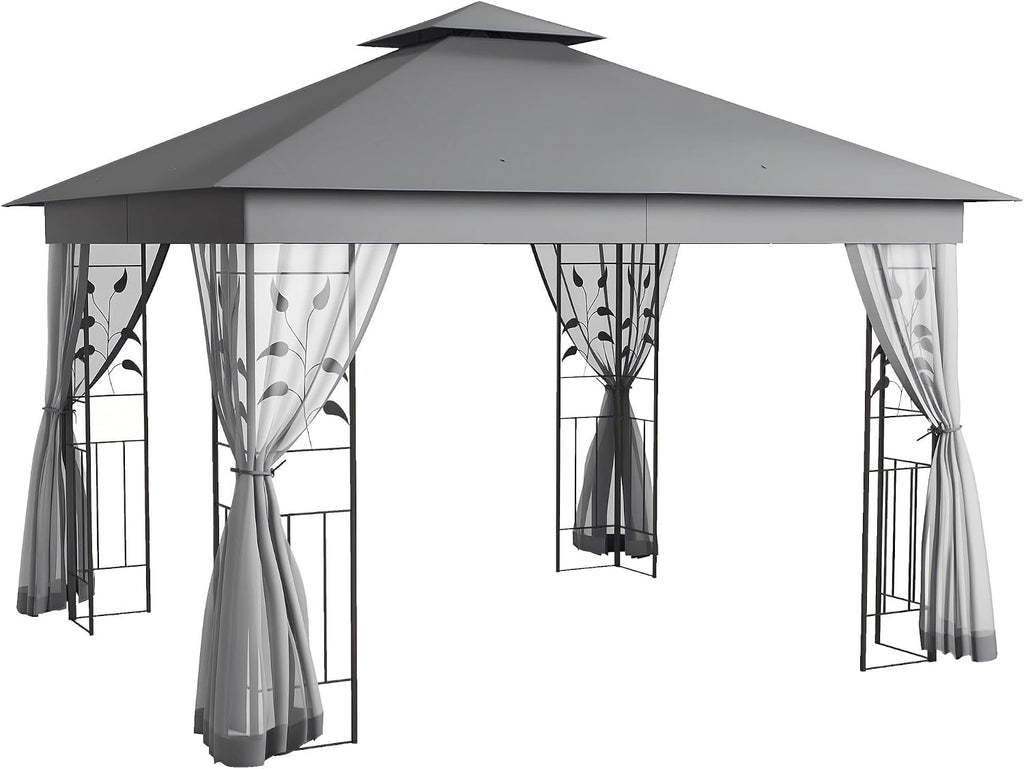 Outsunny 10' x 11.5' Metal Patio Gazebo, Double Roof Outdoor Gazebo Canopy Shelter with Tree Motifs Corner Frame and Netting, for Garden, Lawn, Backyard, and Deck, Gray