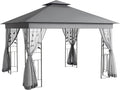 Outsunny 10' x 11.5' Metal Patio Gazebo, Double Roof Outdoor Gazebo Canopy Shelter with Tree Motifs Corner Frame and Netting, for Garden, Lawn, Backyard, and Deck, Gray