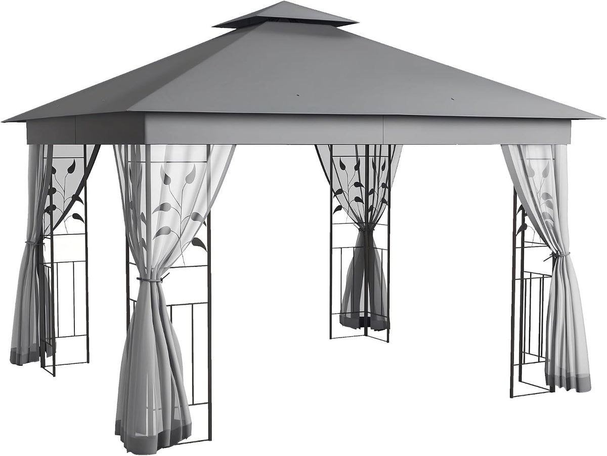 Outsunny 10' x 11.5' Metal Patio Gazebo, Double Roof Outdoor Gazebo Canopy Shelter with Tree Motifs Corner Frame and Netting, for Garden, Lawn, Backyard, and Deck, Gray