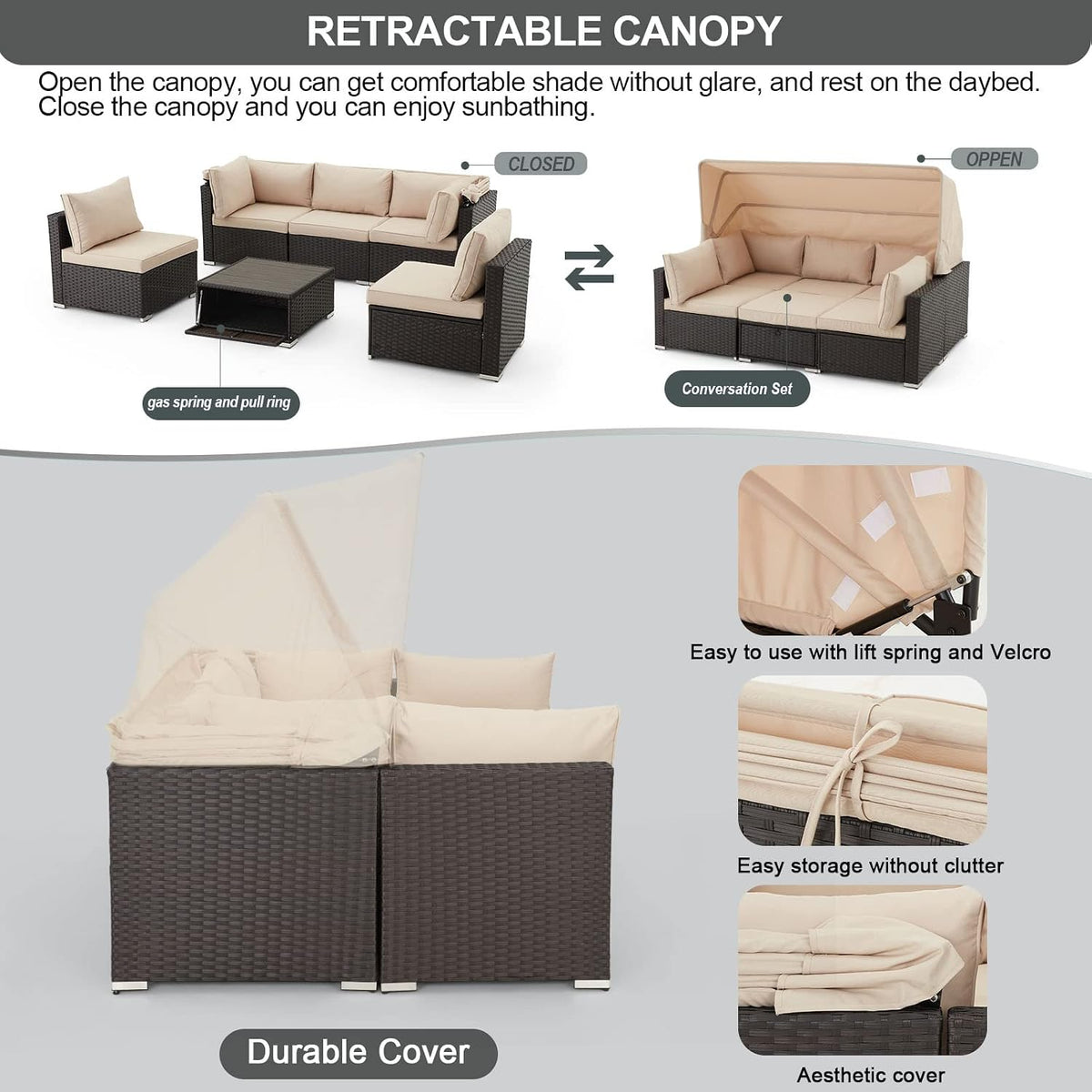 6 Pieces Patio Furniture Sets Outdoor Sectional Sofa Set Rattan Daybed with Retractable Canopy, Adjustable Backrest, Storable Tea Table Rectangle Sunbed for Backyard Garden Poolside(Khaki)