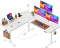 Huuger L Shaped Standing Desk with Power Outlets, 63 x 55 Inch Height Adjustable Computer Desk for Bedroom, Corner Stand up Desk for Home and Office, Work and Study, White