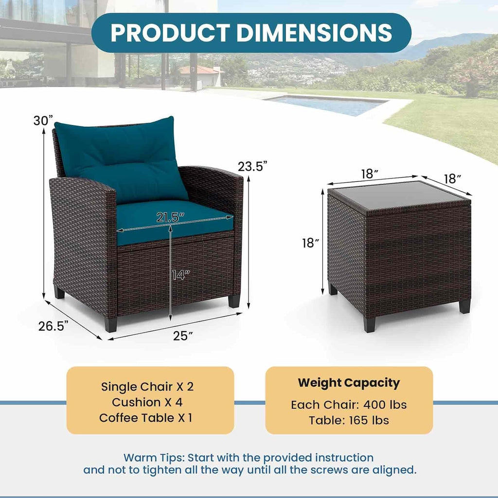HAPPYGRILL 3 Pieces Patio Conversation Set, Outdoor Furniture Set PE Rattan Sofa Set with Removable Cushions, PE Wicker Chairs with Tempered Glass Side Table for Porch Lawn Garden Balcony Backyard