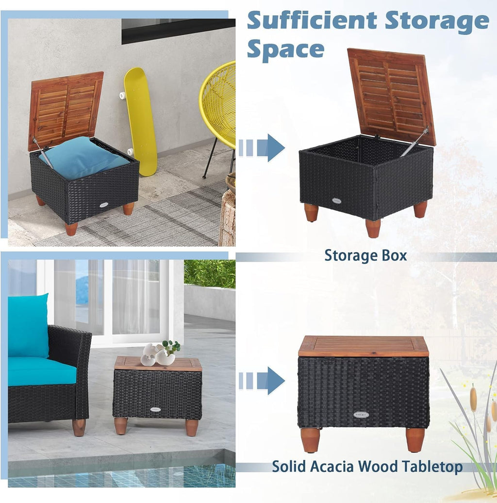 LDAILY Patio 3 Pieces Patio Furniture Set, PE Rattan Outdoor Wicker Sofa Chair with Washable Cushion & Wood Storage Table, Patio Conversation Set for Porch, Yard, Garden (Turquoise)