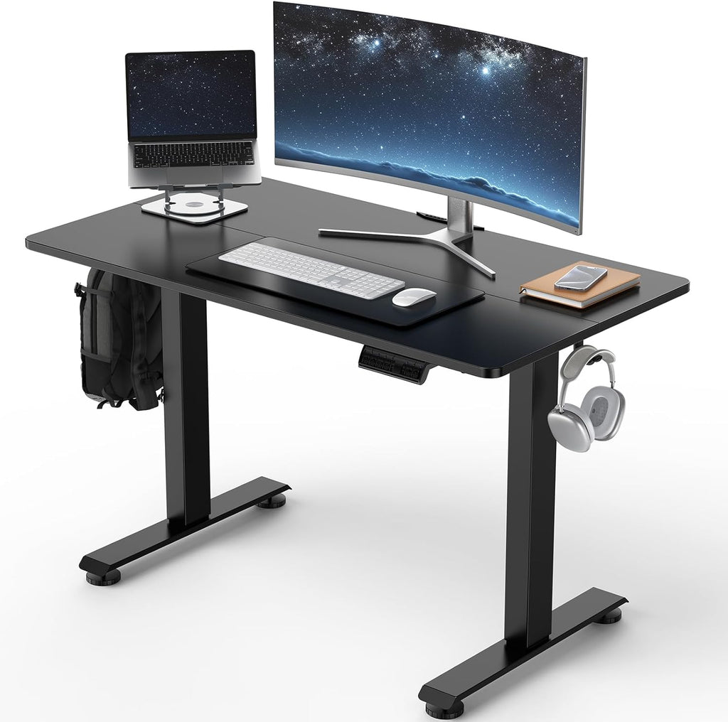 Veken 39.4' Small Electric Standing Desk, Adjustable Height Office Desk with Wood Desktop, Computer Table for Home Work, Study and Gaming, Small Spaces, Modern Furniture, Black