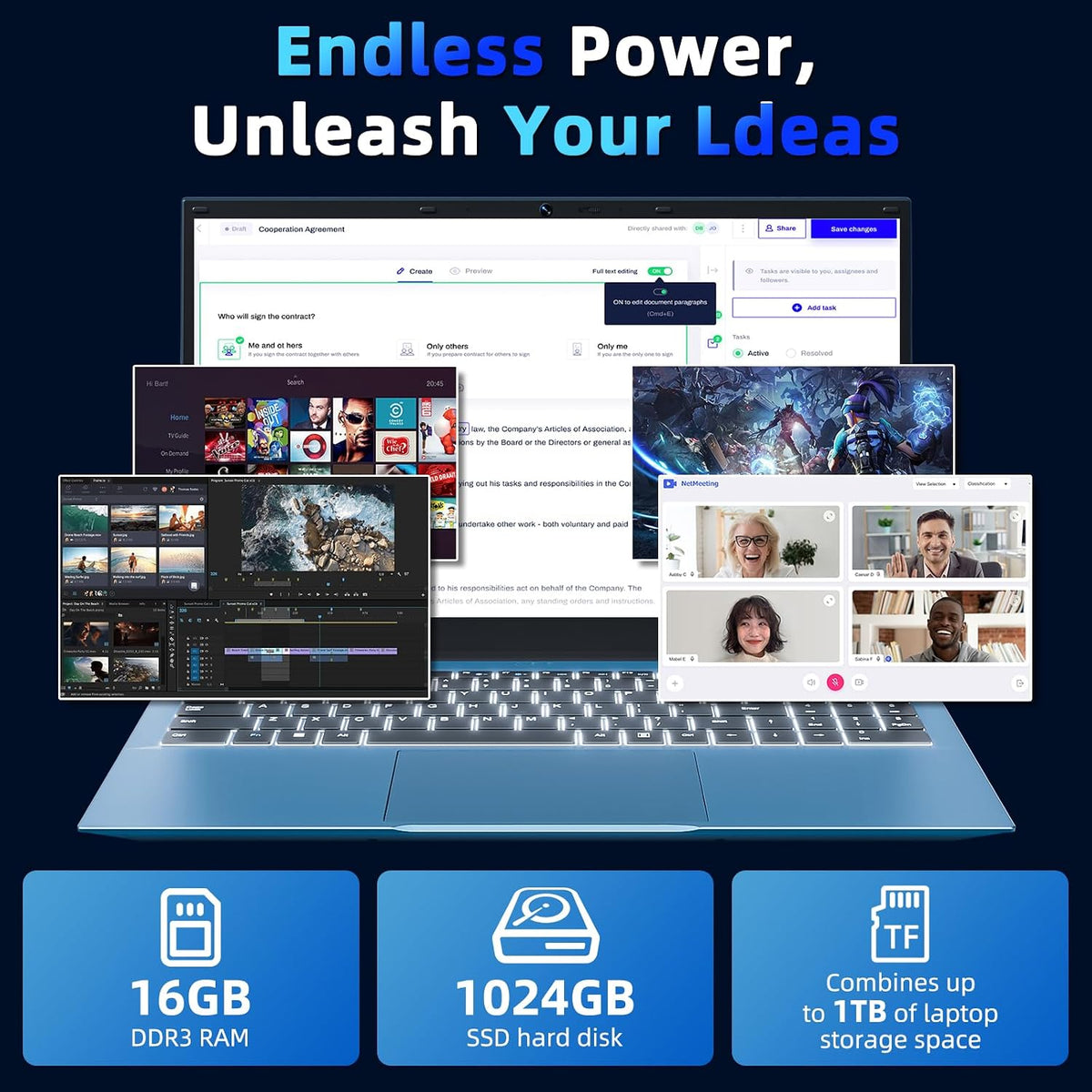 15.6 Inch Laptop Computer, Laptops with 16GB RAM 1024GB SSD, Core i3-10100Y CPU(Up to 3.9GHz), IPS FHD Display, Backlit Keyboard, WiFi 6, 53.2WH Battery, 180° Viewing, Type-C, HDMI